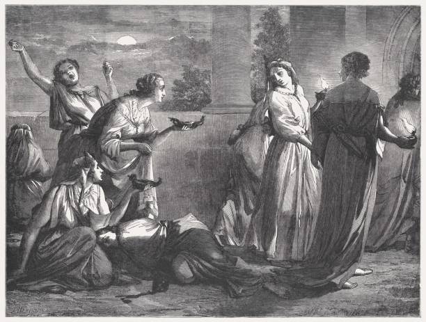 Parable of the Ten Virgins (Matthew 25, 1-13), published 1886 The Parable of the Ten Virgins  (Matthew 25, 1 - 13). Wood engraving, published in 1886. allegory painting stock illustrations