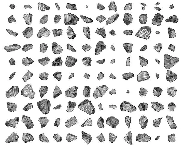 Vector illustration of Rock stone set. Black and white stones and rocks in hand drawn hatching, wood carve style. Set of different boulders. Vector.