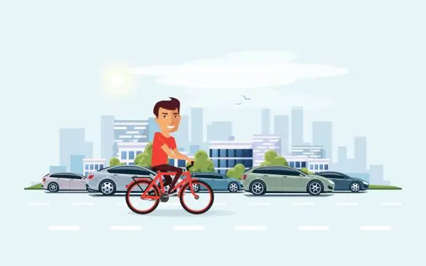 Vector illustration of Man on Bicycle on the street with City Skyline Background