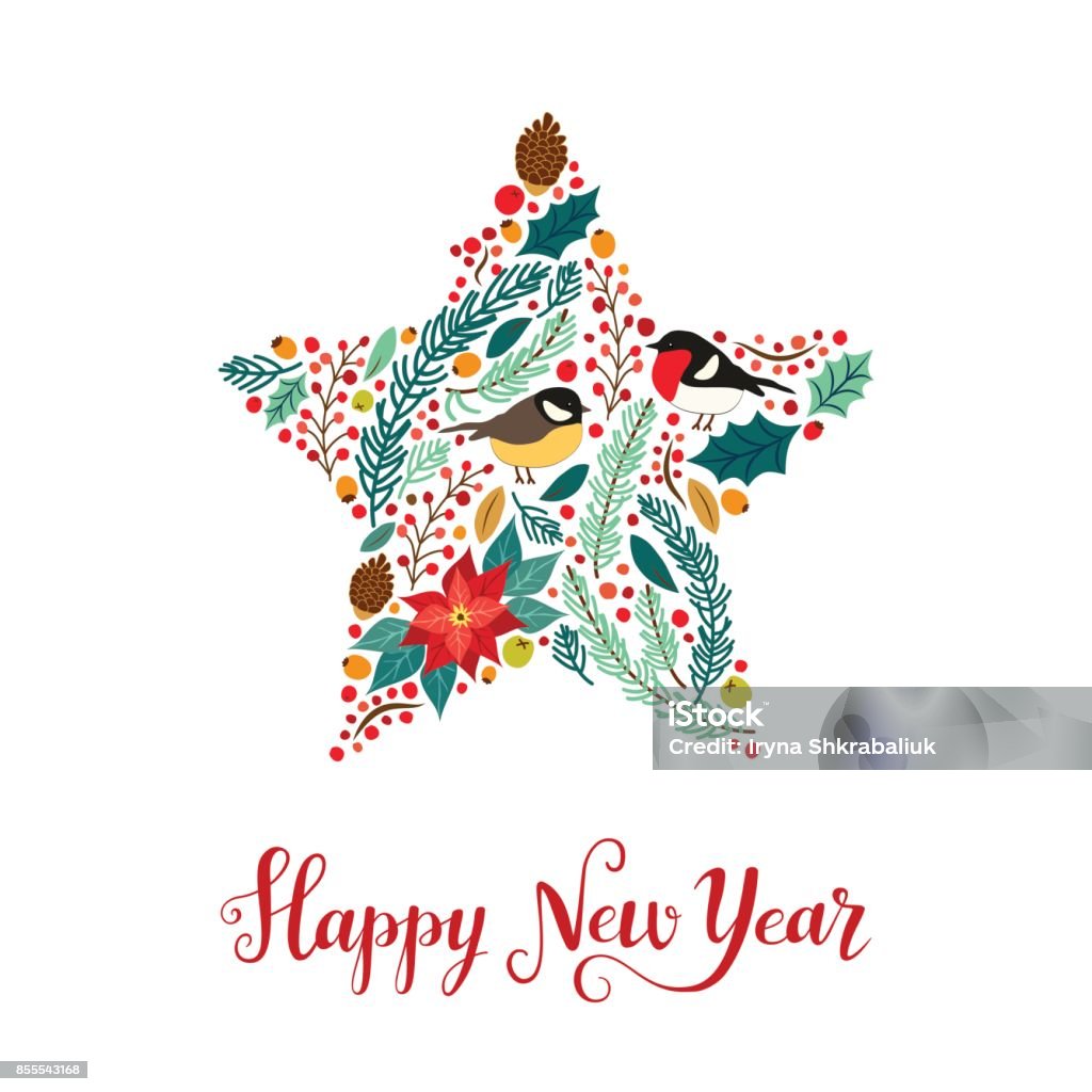 Cute vintage hand drawn rustic floral New Year card Cute vintage hand drawn rustic floral Happy New Year card for your decoration 2018 stock vector