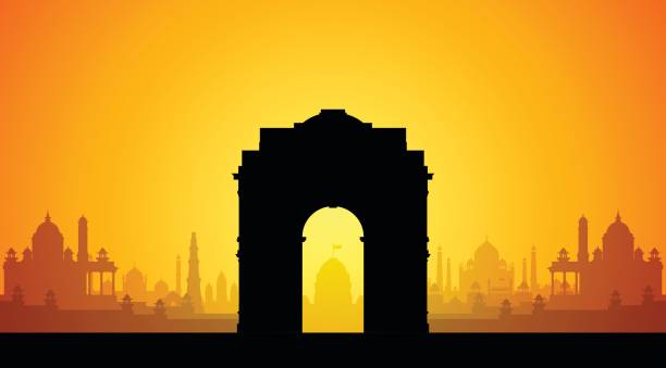 индия гейт, нью-дели - delhi new delhi panoramic india stock illustrations