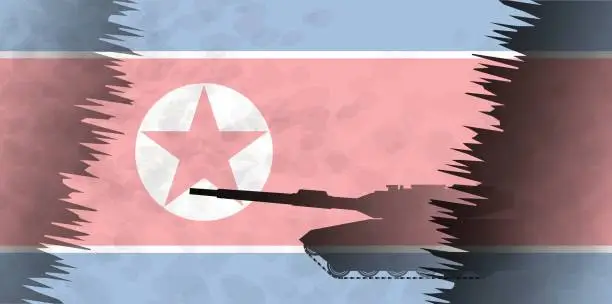 Vector illustration of Silhouettes of tanks against the background of the flag of North Korea. Military background. Conflict in Asia.