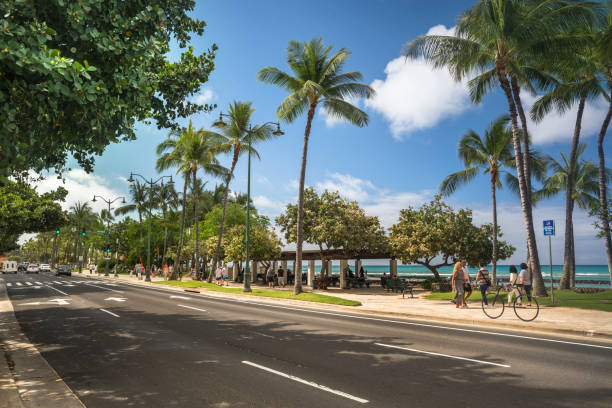 main street kalakaua avenue in waikiki beach hawaii - personal land vehicle audio stock-fotos und bilder