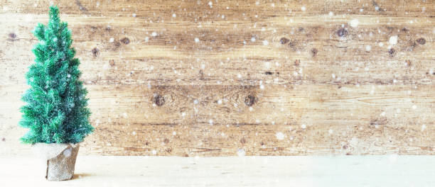 istock Christmas Tree, Wooden Background, Copy Space, Snowflakes 855561206