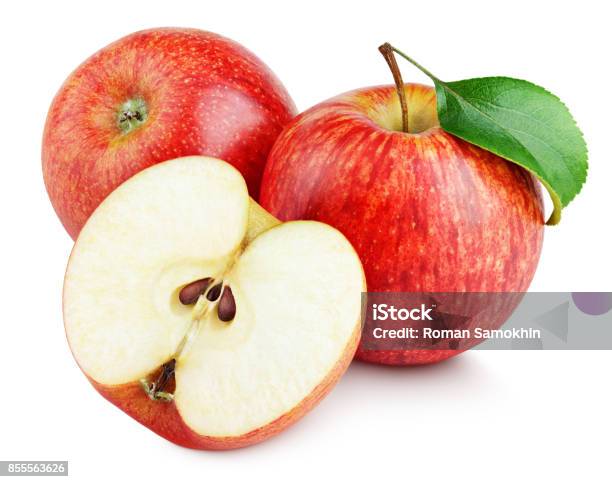 Ripe Red Apples With Half And Apple Leaf Isolated On White Stock Photo - Download Image Now