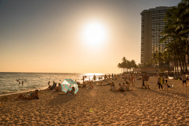 Oahu: Hotels along the Pacific Ocean shore of Waikiki beach in Honolulu, Oahu, Hawaii.  Waikiki is a beachfront neighborhood of Honolulu, on the south shore of the island of Oahu, in Hawaii, United States. Waikiki is most famous for Waikiki Beach, but it is just one of six beaches in the district, the others being Queen's Beach, Kuhio Beach, Gray's Beach, Fort DeRussy Beach and Kahanamoku Beach.