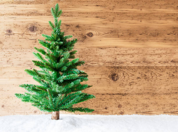 istock Christmas Tree, Snow, Copy Space, Wooden Background 855564648