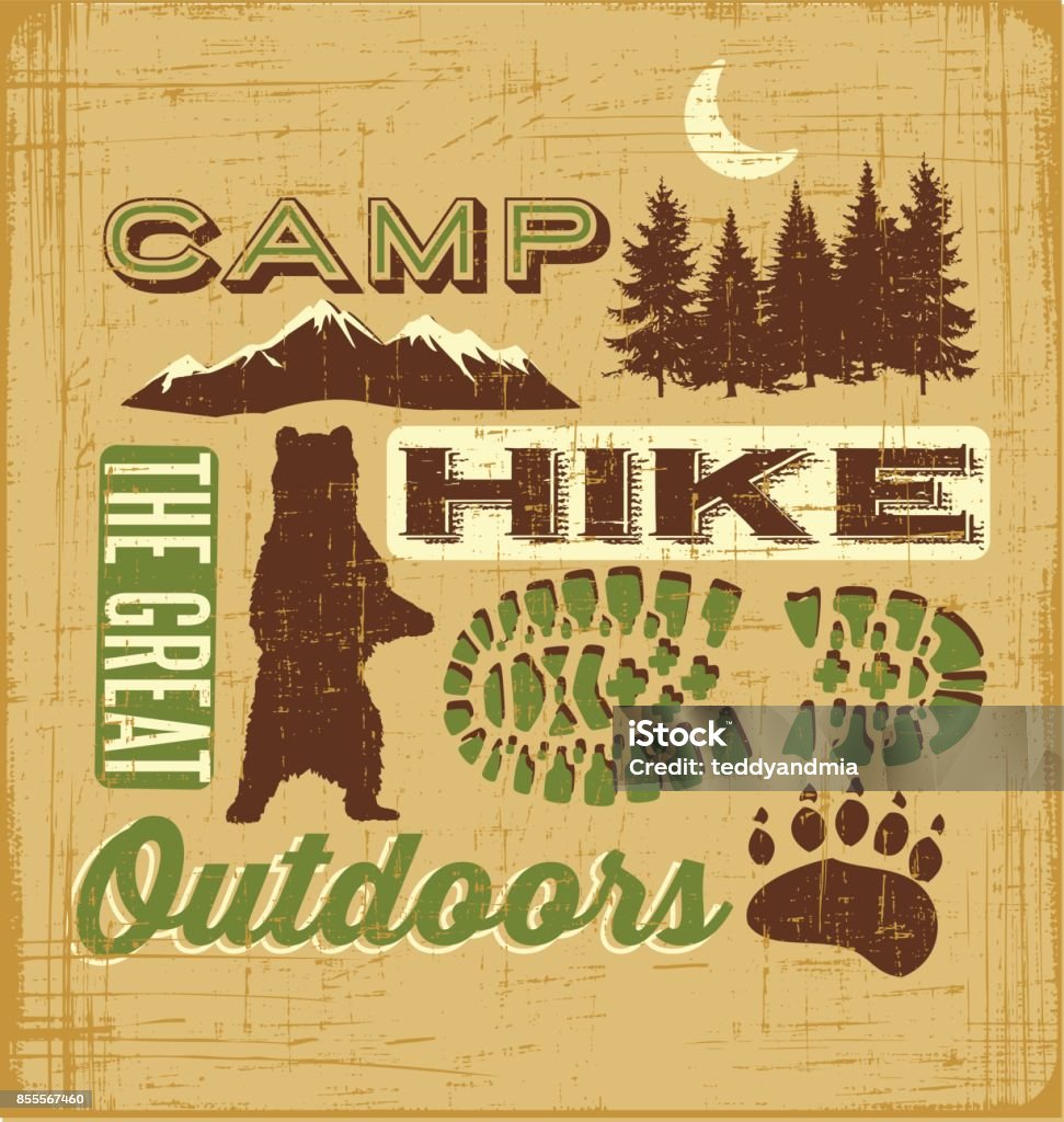 Hiking and Camping Collage for t-shirt design, poster, web banners Hiking and Camping Collage for t-shirt design, poster, web banners. The great outdoors. Vector illustration. Camping stock vector