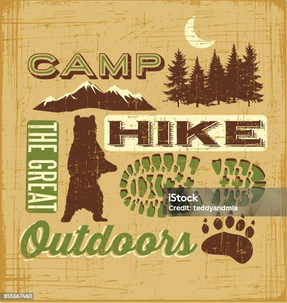 Hiking And Camping Collage For Tshirt Design Poster Web Banners Stock Illustration - Download Image Now
