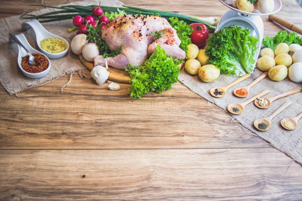 Raw chicken with vegetables and spices bow garlic herbs