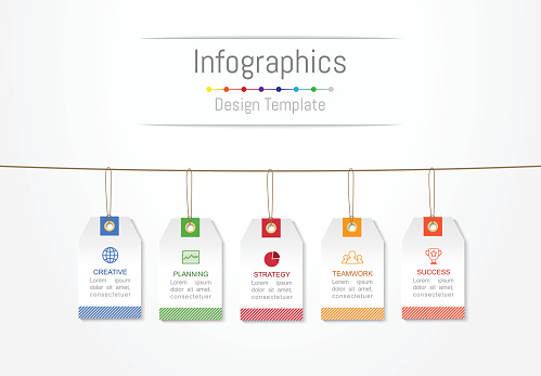 Infographic design elements for your business data with 5 options, parts, steps, timelines or processes, Label tag concept. Vector Illustration.