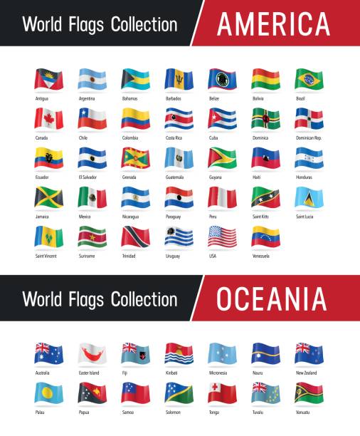 Set of American and Oceanian flags - Vector illustrations Flags of America and Oceania, waving in the wind - Vector world flags collection The Americas stock illustrations