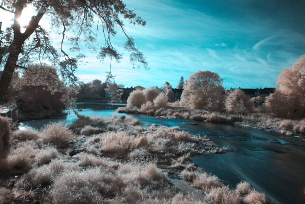 мукомольный завод - infrared landscape bridge blue стоковые фото и изображения