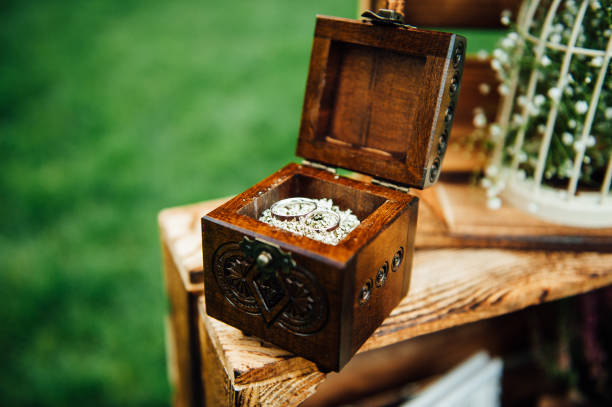 istock Wedding rings in vintage wooden ring box. 855600600