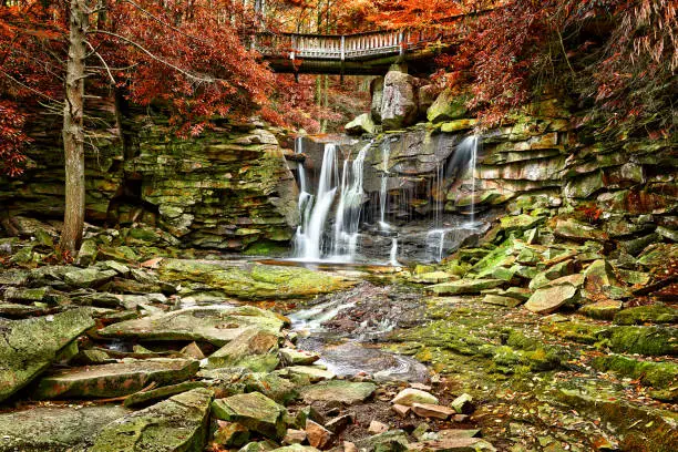 Photo of Elakala waterfall in Blackwater Falls State Park in West Virginia during autumn with red leaves foliage