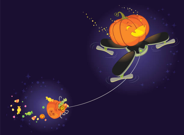 istock The Cute Halloween Pumpkin Flying on a Drone and Collecting Sweets 855605584