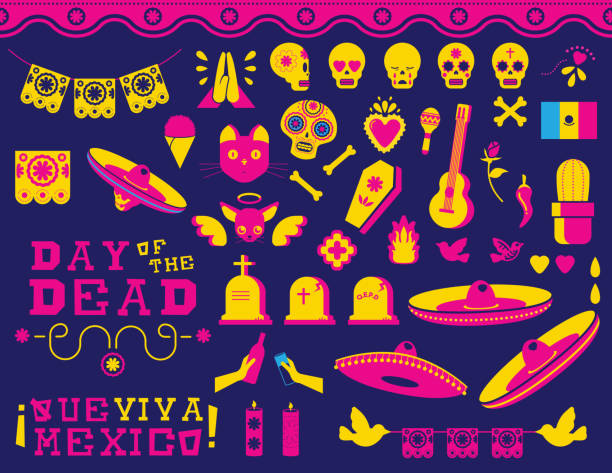 bildbanksillustrationer, clip art samt tecknat material och ikoner med glad dag för de döda traditionella mexikanska ikonuppsättningen - blommor grav