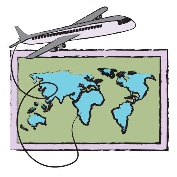 ilustraciones, imágenes clip art, dibujos animados e iconos de stock de mapa de papel del mundo con avión - index card