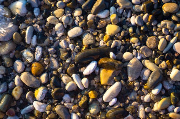 istock sea pebble beach with multicoloured stones, waves with foam 855611878