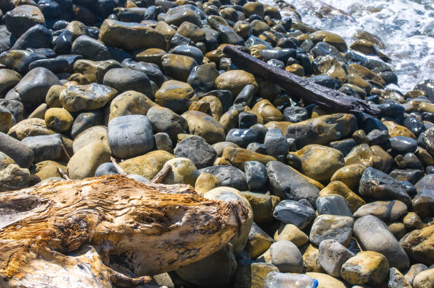 istock rocky sea shore with pebble beach, waves with foam 855614180
