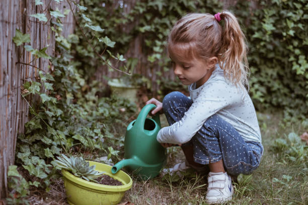 istock Seven years old girl watering plants 855614188