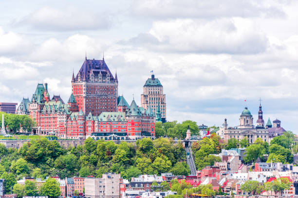 view from levis city on cityscape and skyline of quebec city, canada with saint lawrence river and tour boats, funicular - lawrence quebec canada north america imagens e fotografias de stock