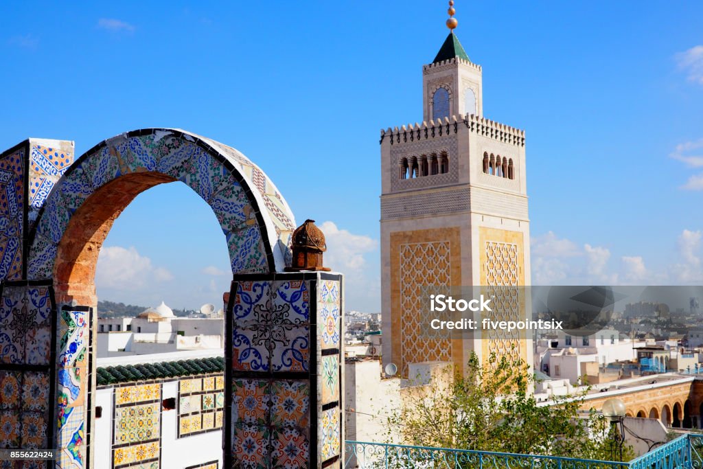 View over Tunis skyline with famous mosque View of famous Mosque in Tunis, Tunisia Tunis Stock Photo