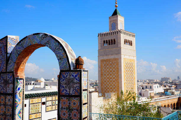 widok na panoramę tunisu ze słynnym meczetem - tunisia zdjęcia i obrazy z banku zdjęć