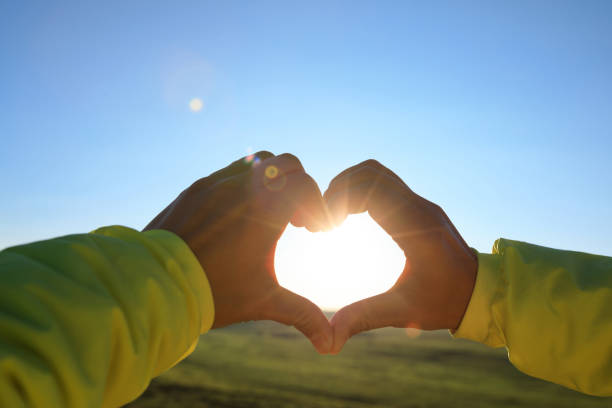 istock Human hands making Heart shaped sign over sunset sky 855634928