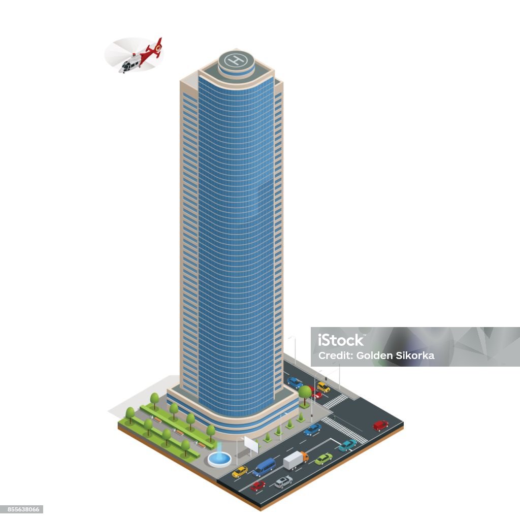 Isometric skyscraper with helipad on the roof composition with building and road isolated vector illustration Collection of urban elements architecture, home, road, intersection, traffic light, cars Isometric skyscraper with helipad on the roof composition with building and road isolated vector illustration Collection of urban elements architecture, home, road, intersection, traffic light, cars. Architecture stock vector