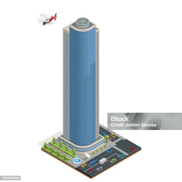 Isometric Skyscraper With Helipad On The Roof Composition With Building And Road Isolated Vector Illustration Collection Of Urban Elements Architecture Home Road Intersection Traffic Light Cars Stock Illustration - Download Image Now