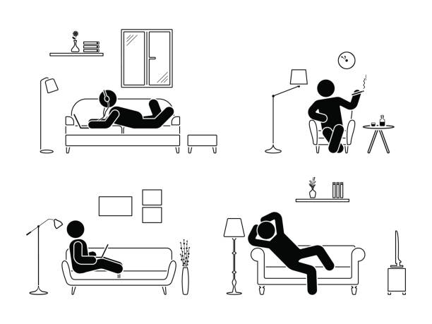 Stick figure resting at home position set. Sitting, lying, smoking cigarette, listening to music, using laptop, drinking whiskey vector icon relaxing posture on sofa and armchair. Furniture pictogram Stick figure resting at home position set. Sitting, lying, smoking cigarette, listening to music, using laptop, drinking whiskey vector icon relaxing posture on sofa and armchair. Furniture pictogram carefree stock illustrations