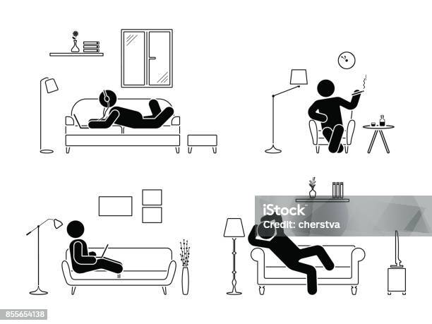 Stick Figure Resting At Home Position Set Sitting Lying Smoking Cigarette Listening To Music Using Laptop Drinking Whiskey Vector Icon Relaxing Posture On Sofa And Armchair Furniture Pictogram Stock Illustration - Download Image Now