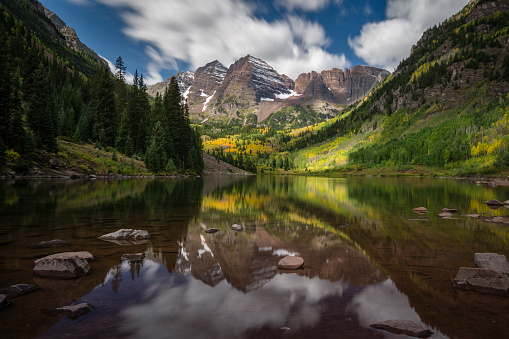 The Maroon Bells from Maroon Lake, outside of Aspen, Colorado.