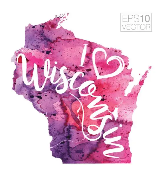 Vector illustration of I Heart Wisconsin Vector Watercolor Map