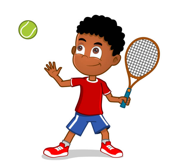 illustrazioni stock, clip art, cartoni animati e icone di tendenza di ragazzo che gioca a tennis - child tennis white background sport