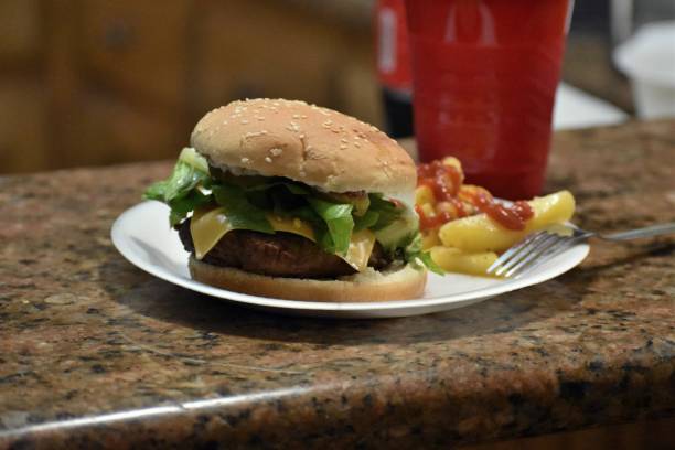 Homemade Burger on the the kitchen counter.
