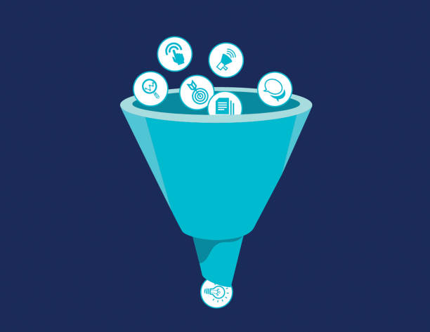 Marketing solution funnel Marketing solution funnel graphic with icons separating funnel stock illustrations