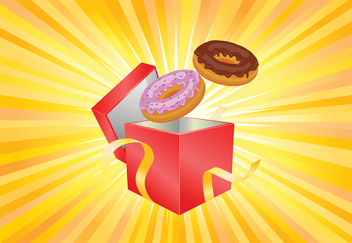 Vector illustration of two doughnuts coming out of the red gift box or present.