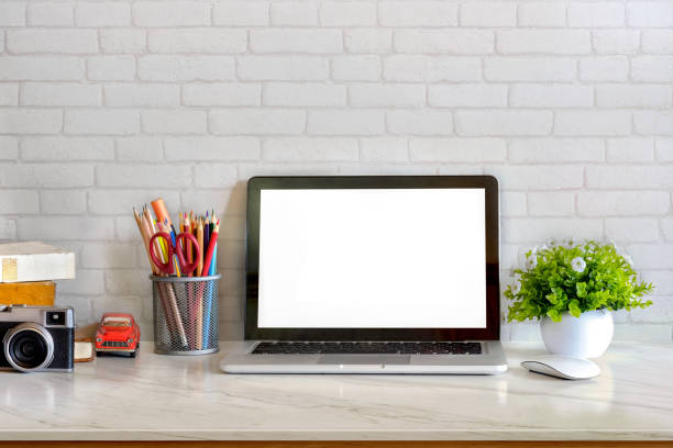 Stylish workspace with supplies. desk space concept.
