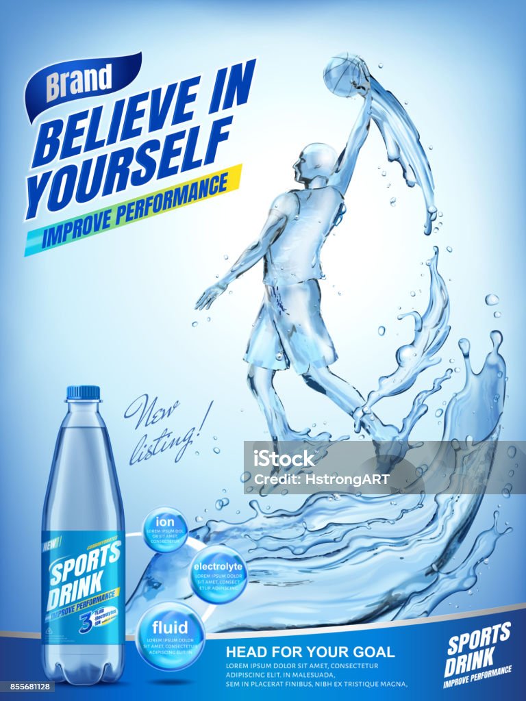 Amazing sports drink ads Amazing sports drink ads, liquid basketball athlete jumping up and dunking a ball with splashing liquid and drink bottle in 3d illustration Sport Drink stock vector
