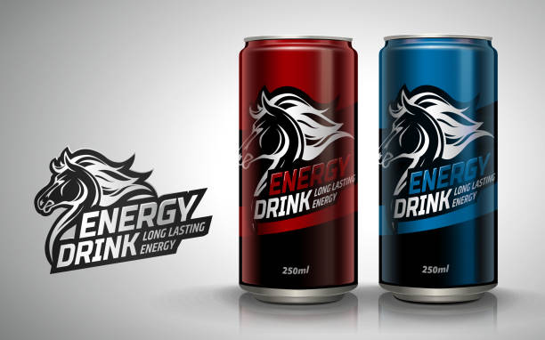 Energy drink mockup Energy drink mockup, two metallic cans with horse logo design in 3d illustration energy drink stock illustrations