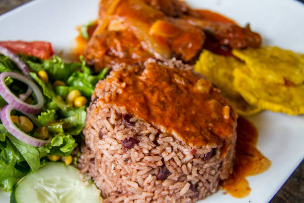 Rice and Beans with caribean chicken traditional food from Limon, Costa Rica