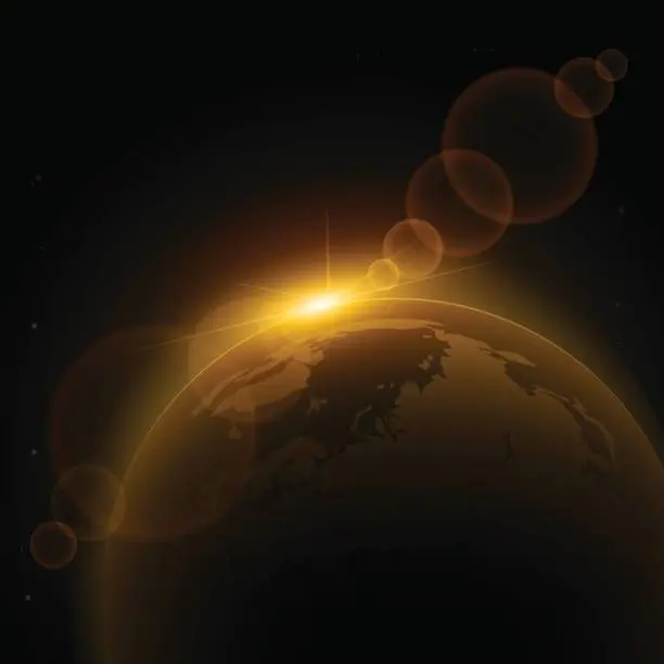 Vector illustration of Ray sunlight in cosmos over Earth. Vector background