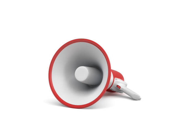 3d rendering of a single red and white megaphone lying in side view on white surface. Public speaking equipment. Spokesperson. Demonstrations.