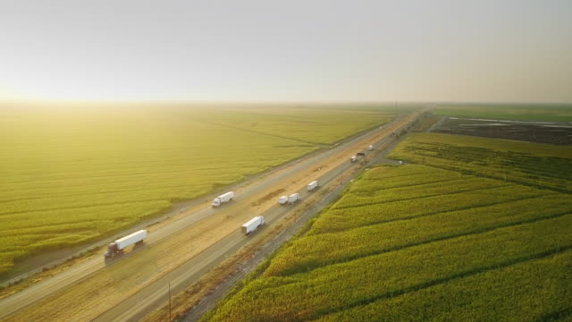 Gambar drone sunset dari Interstate 5 memotong lahan pertanian di California Central Valley.