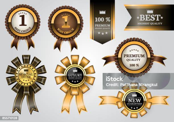 Gold Brown Labels Ribbon Quality Award Set Collection On Soft Gray Background Design Premium Luxury Vector Illustration Stock Illustration - Download Image Now
