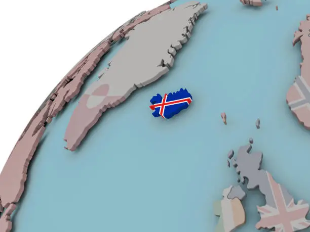 Iceland on political globe with embedded flags. 3D illustration. 3D model of planet created and rendered in Cheetah3D software, 29 Sep 2017.