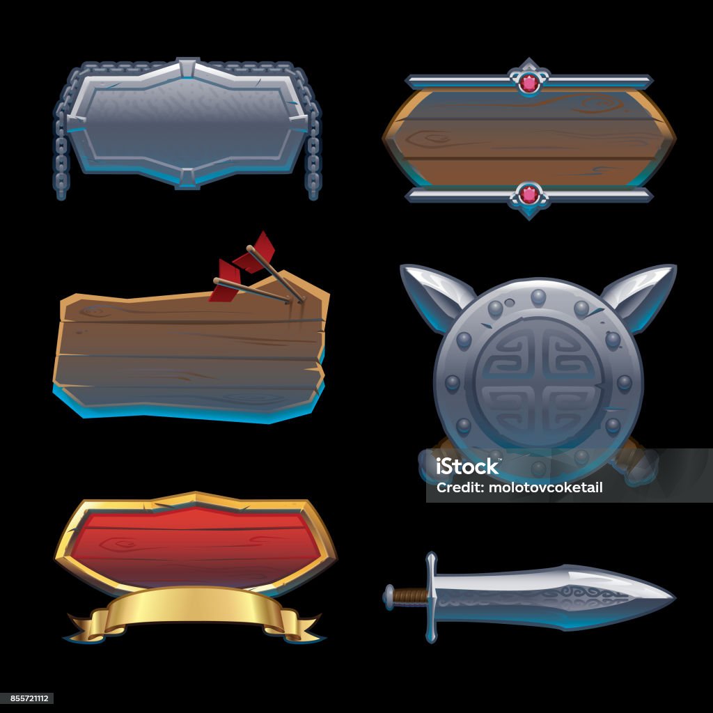 badges & symbol background in medieval style A set of 6 medieval badges and symbol background on black background. Medieval stock vector