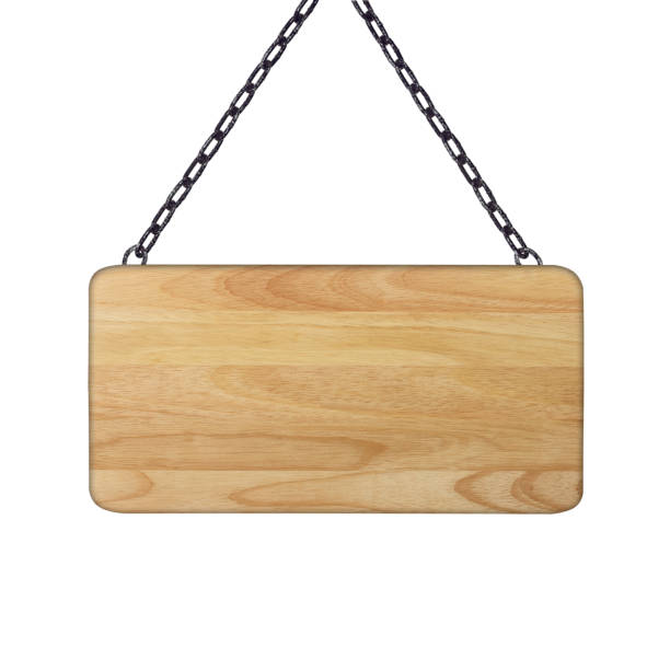 istock Wooden sign hanging on a chain isolated on white 855722136